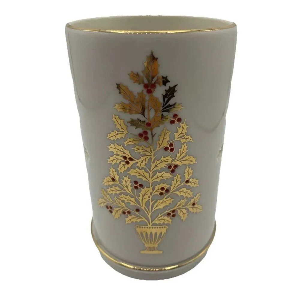 Lenox Candle Holder Eternal Christmas Pierced Porcelain Floral Gold Trim USA